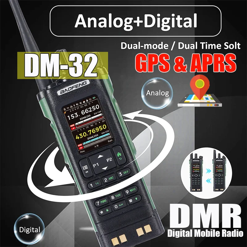 DM-32 Baofeng walkie talkie DM32 DMR digital de mano, función GPS VHF UHF frecuencia dual, intercomunicador de larga distancia.