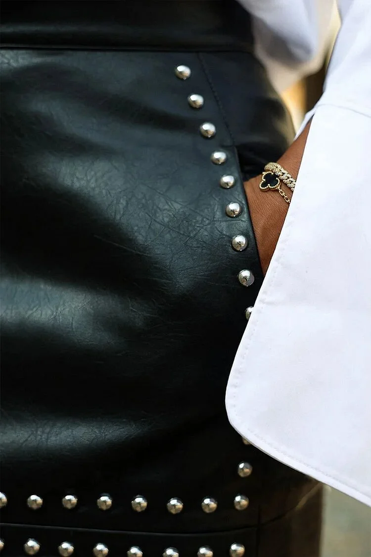 Mode Vrouwen Plus Size Rok Kunstleer Bezaaid Split Hoge Taille Slanke Streetwear Casual Beade