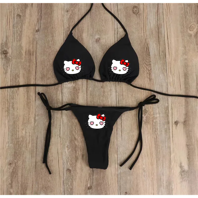かわいい水着女性ツーピースハローキティプリントビキニセットかわいい女の子セクシーな調節可能な下着ブラジャー Tバック女の子ビーチウェア夏