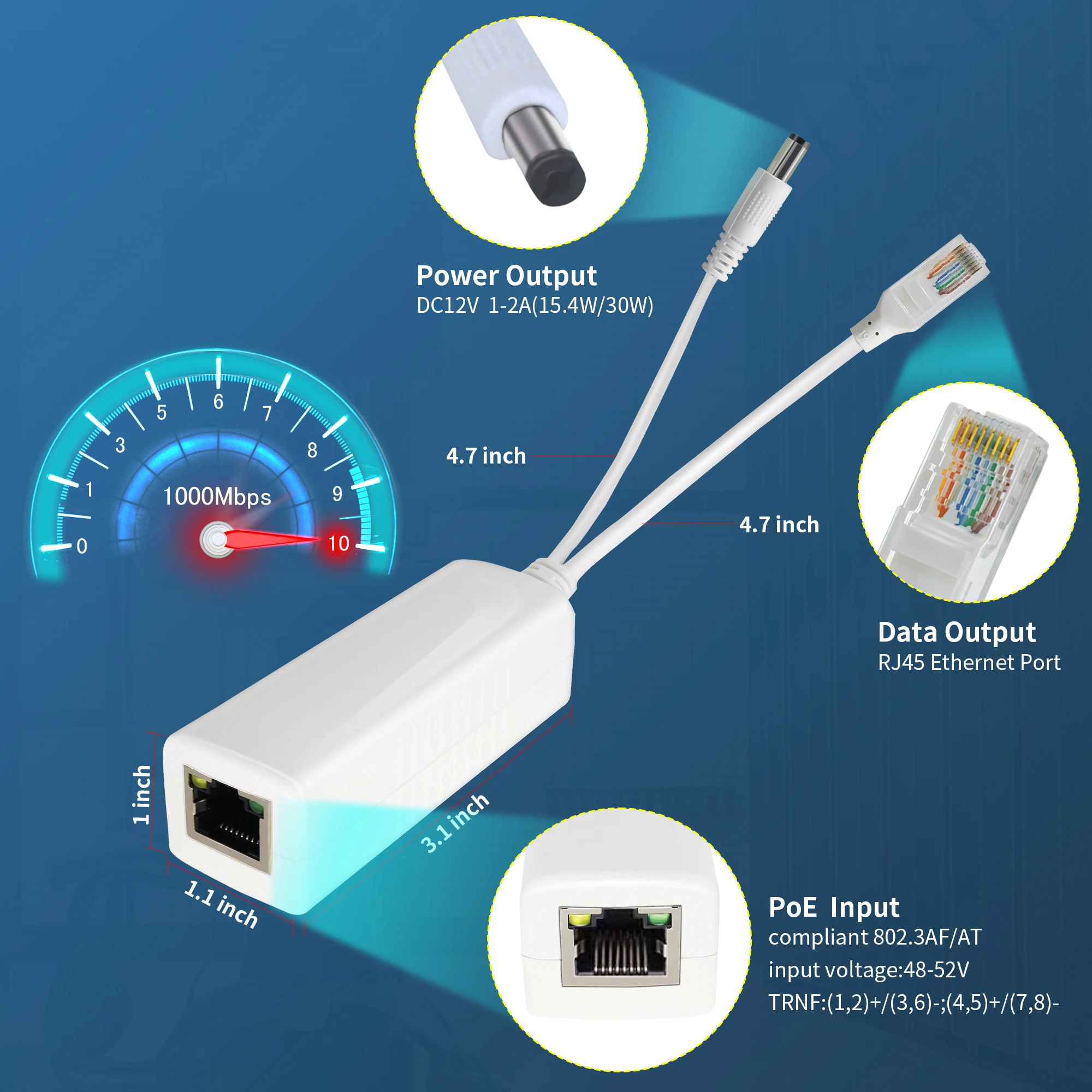 หัวฉีดอะแดปเตอร์ตัวแยก POE กิกะบิตเอาต์พุต2A 12V 5.5x2.1มม. DC 3AF/AT เหมาะสำหรับกล้อง IP โทรศัพท์ IP ฯลฯ2ชิ้น