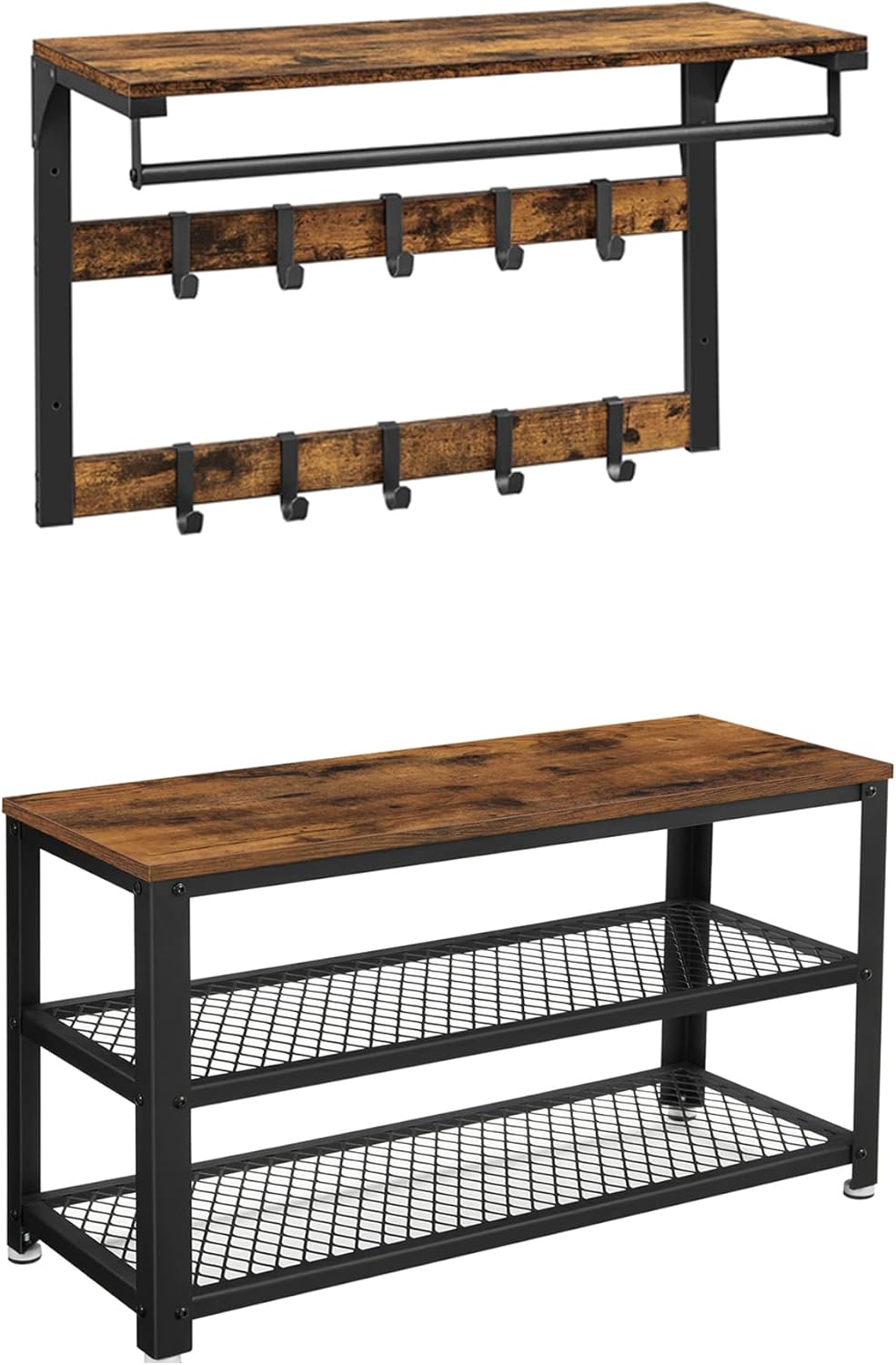 VASAGLE Garderoben-Set, 2 Set, mit Wandgarderobe, Schuhbank