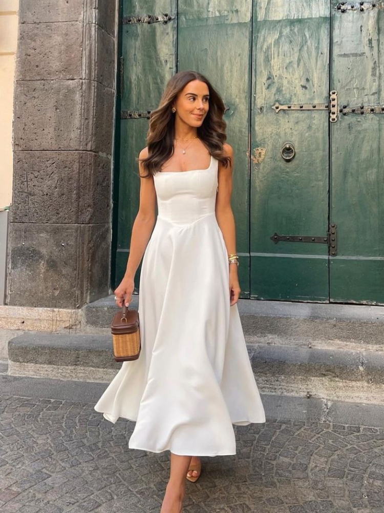 Vestido blanco elegante de cintura alta para mujer, vestidos acampanados sin mangas con cuello cuadrado a la moda, ropa de calle para fiesta en la playa y vocación 2025