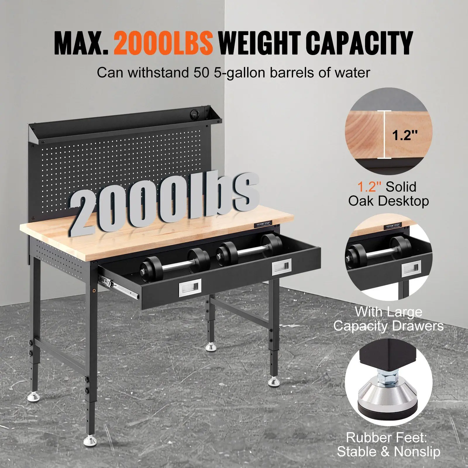 "48x24" Adjustable Workbench – 2000-lb Capacity, Oak & Steel – Includes 30 Hooks & 3m Cable"
