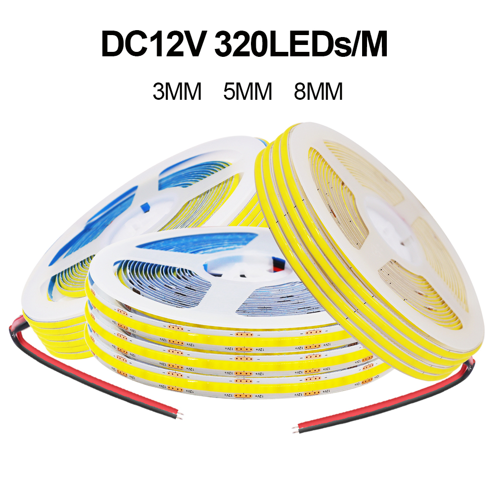 Bande lumineuse LED COB 5V 12V, 3MM 5MM 8MM, 320 diodes/M, ruban Flexible haute densité, lumière d'armoire 3000K 4000K 6000K