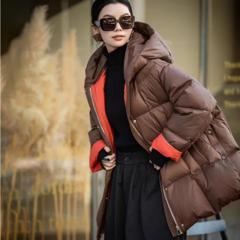 Roupas de inverno para mulheres moda cor colisão engrossado quente puffer jaqueta casual solto com capuz pato branco para baixo jaqueta