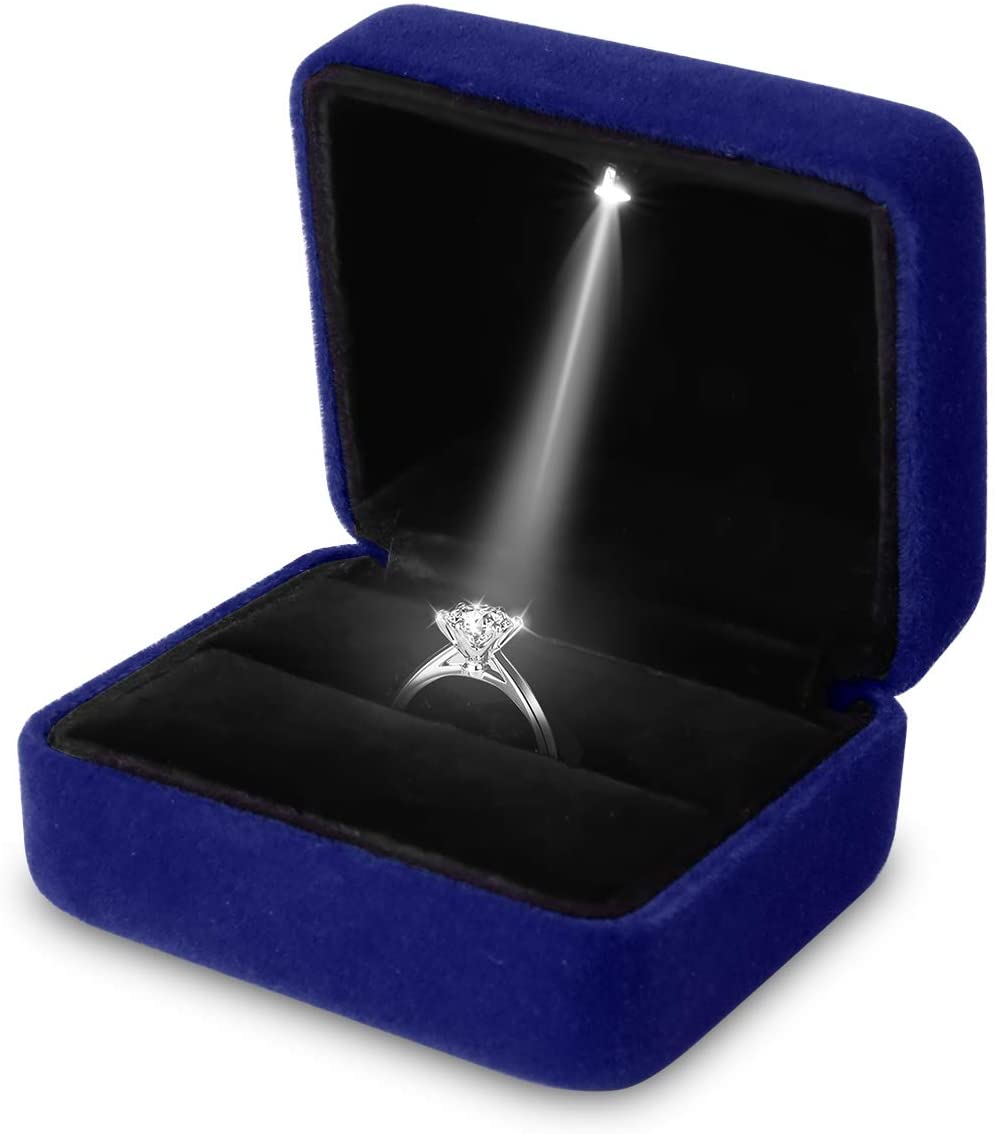 Square Velvet Ring Box LED Light Jewelry Gift Display Case Engagement and Wedding Couple Rings Box Holder Case Storage Gift Box