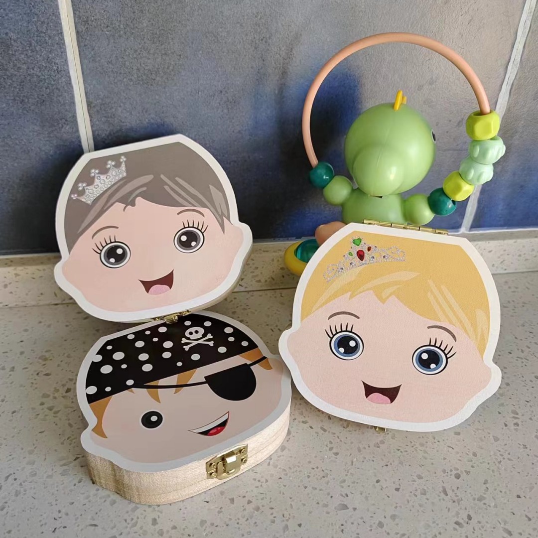 Caja de dientes de bebé con diseño de dibujos animados, organizador de caja de dientes de madera para niños, almacenamiento de dientes de leche, ahorro de Umbilica, inglés/español