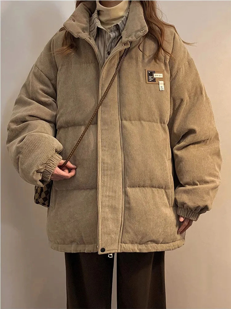 Retro Cord Parkas für Frauen Y2K Winter Streetwear Übergroßen Dicke Warme Puffer Mäntel Bf Koreanische Lose Taschen Baumwolle Oberbekleidung