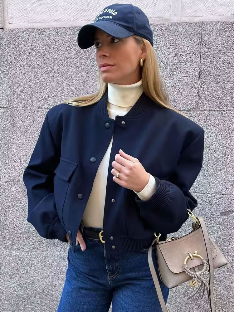 Trza moda feminina com bolsos jaqueta bomber casacos vintage manga longa botão frontal casual feminino outerwear chiques topos