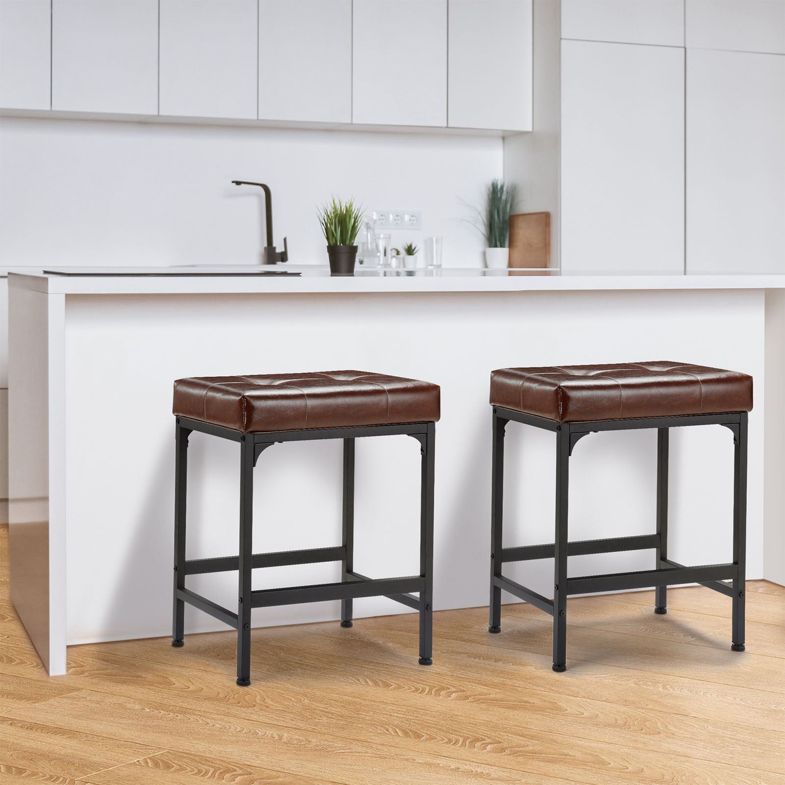 2-teiliger Barhocker mit eingebauter Fußstütze, gepolsterter Sitz, Metallbasis, Barhocker, niedrige Hocker, 61 cm Höhe, für Zuhause, Küche, Wohnzimmer