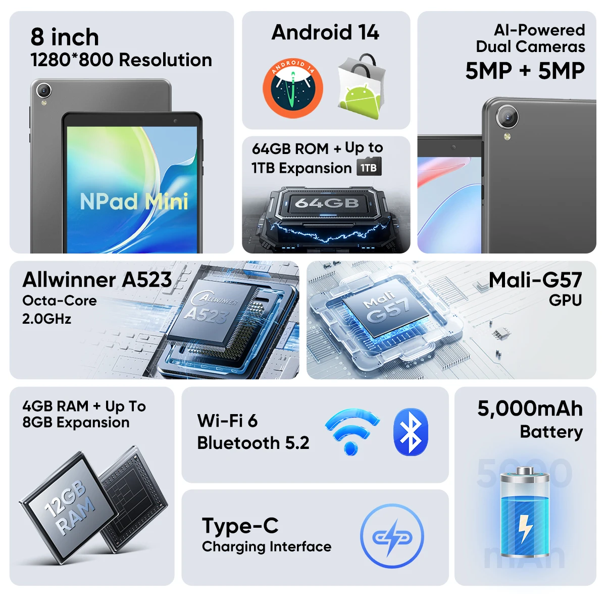 N-one 8 Zoll 12GB RAM Android 14 Tablet-Computer mit Octa-Core, neueste Tablet-Unterstützung 5g WLAN
