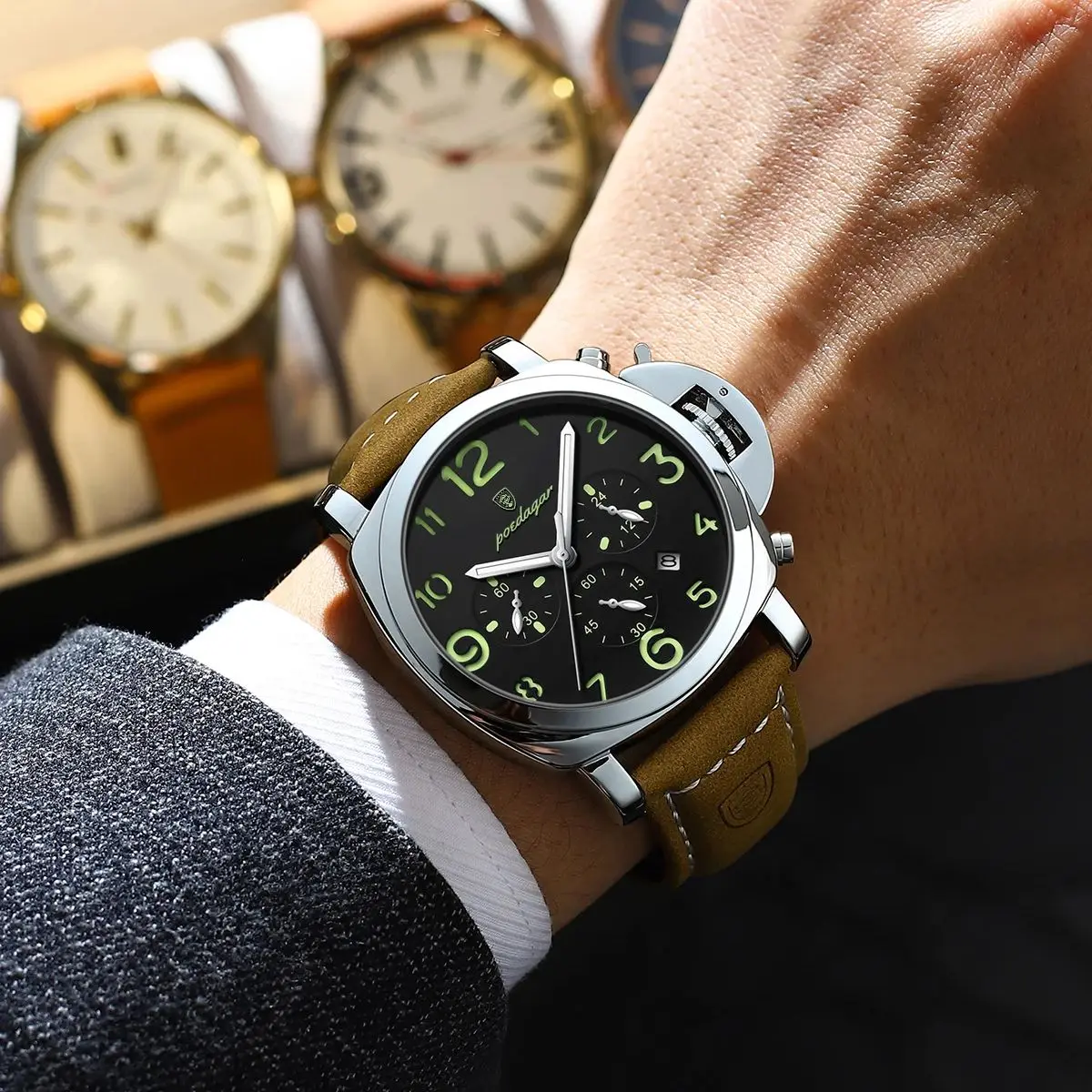 Reloj POEDAGAR de lujo para hombre, cronógrafo resistente al agua, reloj luminoso con fecha para hombre, relojes de cuarzo militares deportivos de cuero informales para hombre