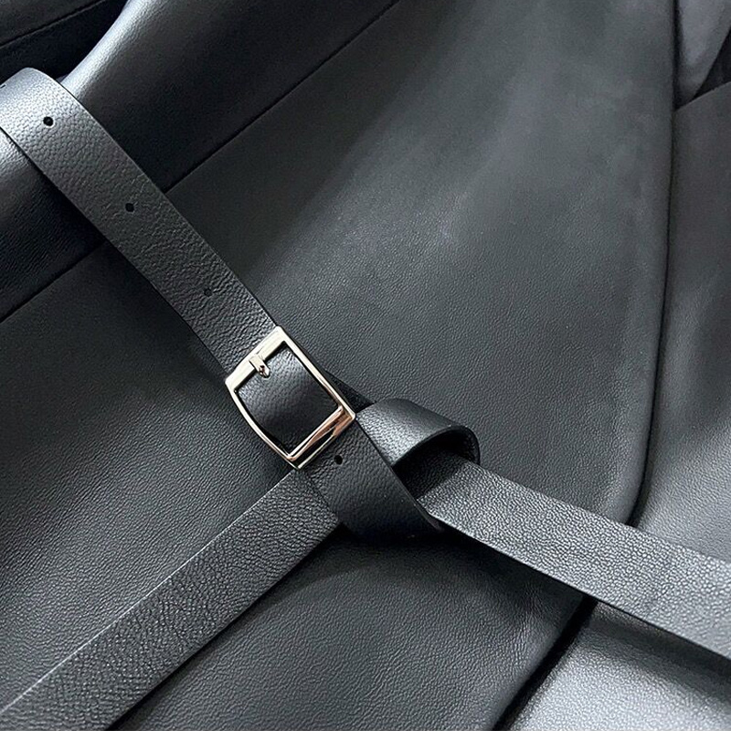 2023 Frühling Frauen Kleidung elegante weibliche Echt leder Mantel V-Ausschnitt Gürtel Jacken Streetwear schwarze Büro Dame