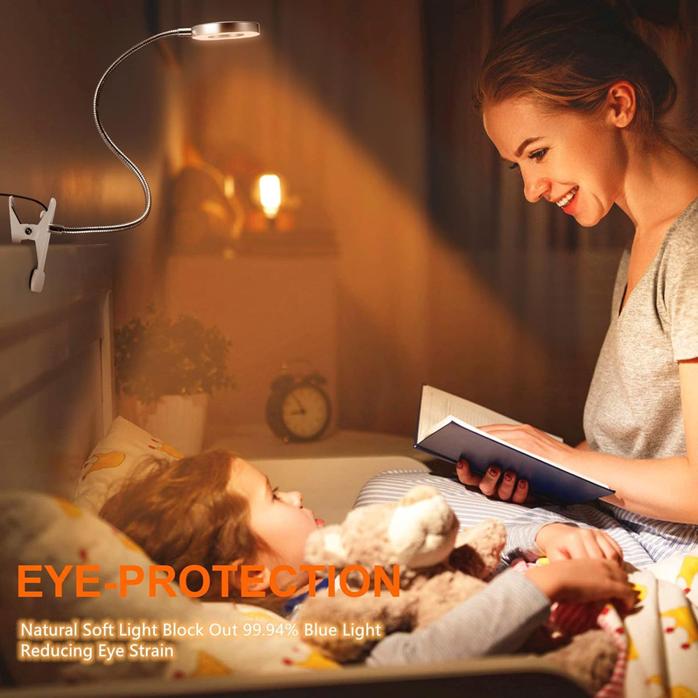 Lámpara de escritorio de 48 LED con clip, luz de libro USB, mesita de noche 360 °   Brillo flexible de la luz de lectura del cuello de cisne de la protección ocular ajustable nivel 3