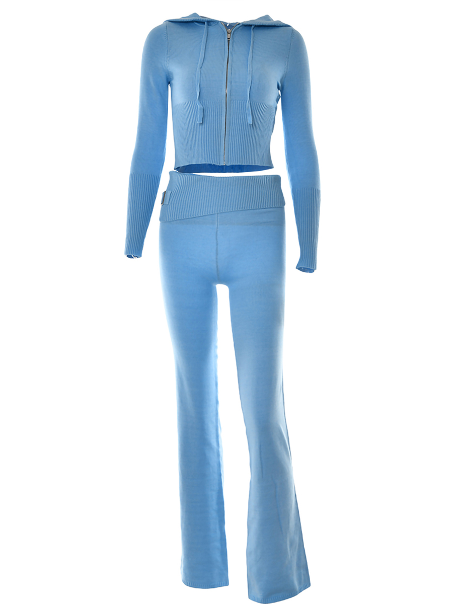 女性秋 2 ピース衣装リブニットスリムフィット長袖ジップアップクロップジャケットスキニーフレアパンツ部屋着セット