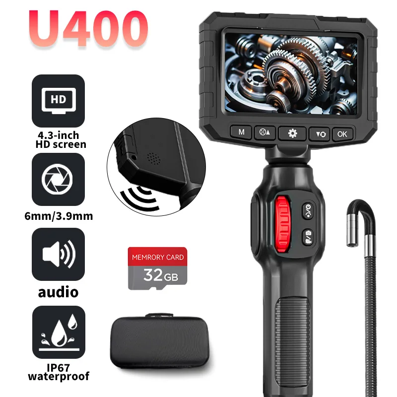 360 °   Endoscópio giratório de lente dupla, câmera de inspeção de endoscópio IPS de 3,9 mm e 4,3 polegadas, endoscópio industrial mecânico automotivo