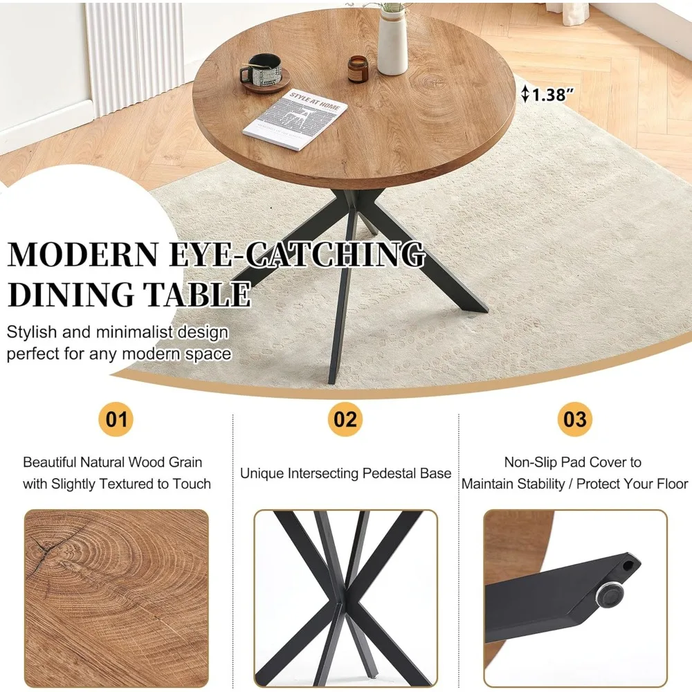 Round Dining Table with Rattan Chairs for 4,Modern Dinette Set with Table and 4 Upholstered Dining Chairs,Classic Kitchen Table