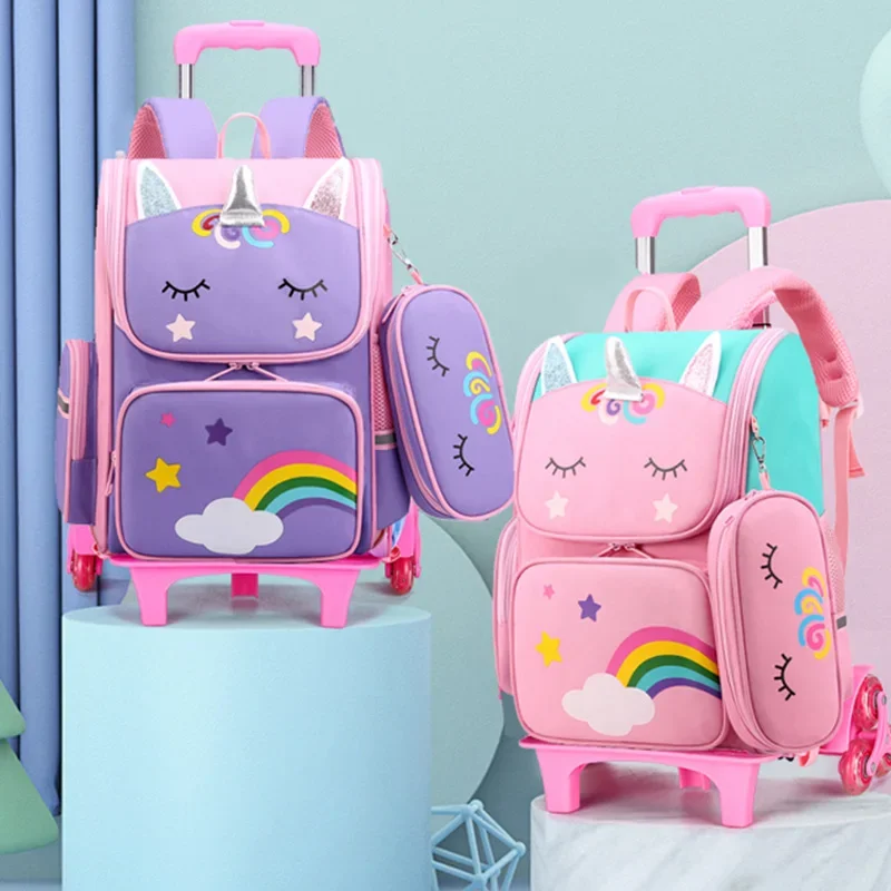 Unicorn Wheeled Backpack bag for girls Trolley School Bag with Wheels school Students Backpack Bags Kids Rolling Backpack Bag