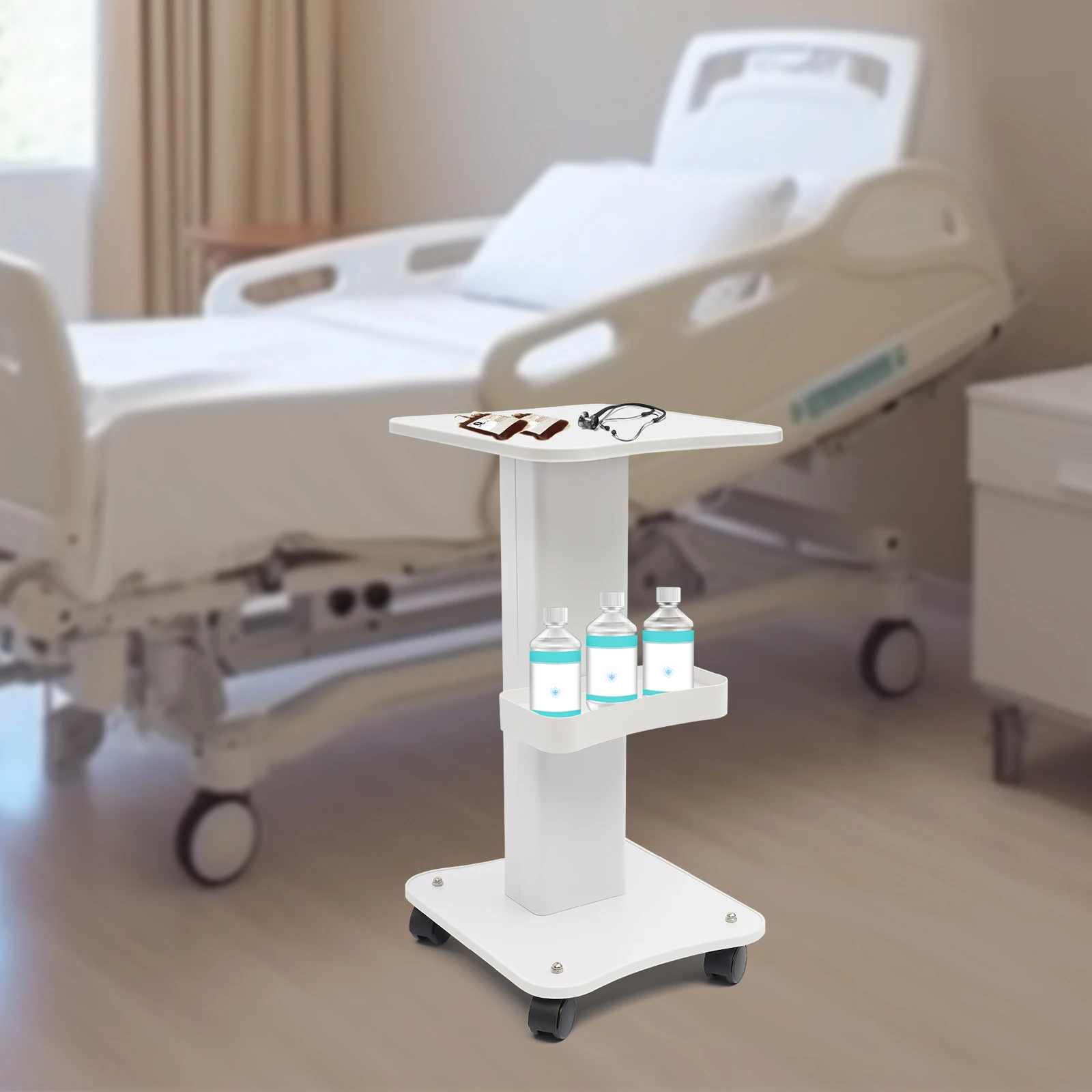 Pannelli per carrello bianco in ABS con supporto per macchina per salone di bellezza con vassoio per colonna di supporto Ruote universali multifunzionali