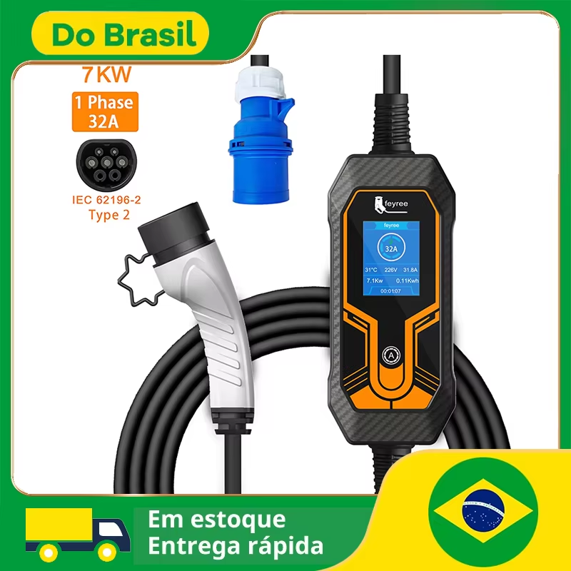 Estação de carregador portátil EV para veículo elétrico, caixa de carregamento, cabo de carregamento, 7kW, 32A, tipo2, IEC62196-2, EVSE, 5m