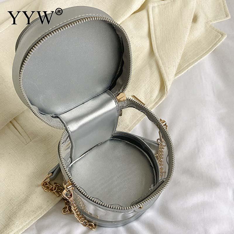 กระเป๋าถือแฟชั่นทรงกลมโปร่งใส PVC สำหรับผู้หญิงกระเป๋ากระเป๋าสายไหล่เดียวแบบมีซิปทำจากหนังนิ่มจุของได้เยอะสำหรับผู้หญิงฤดูร้อน