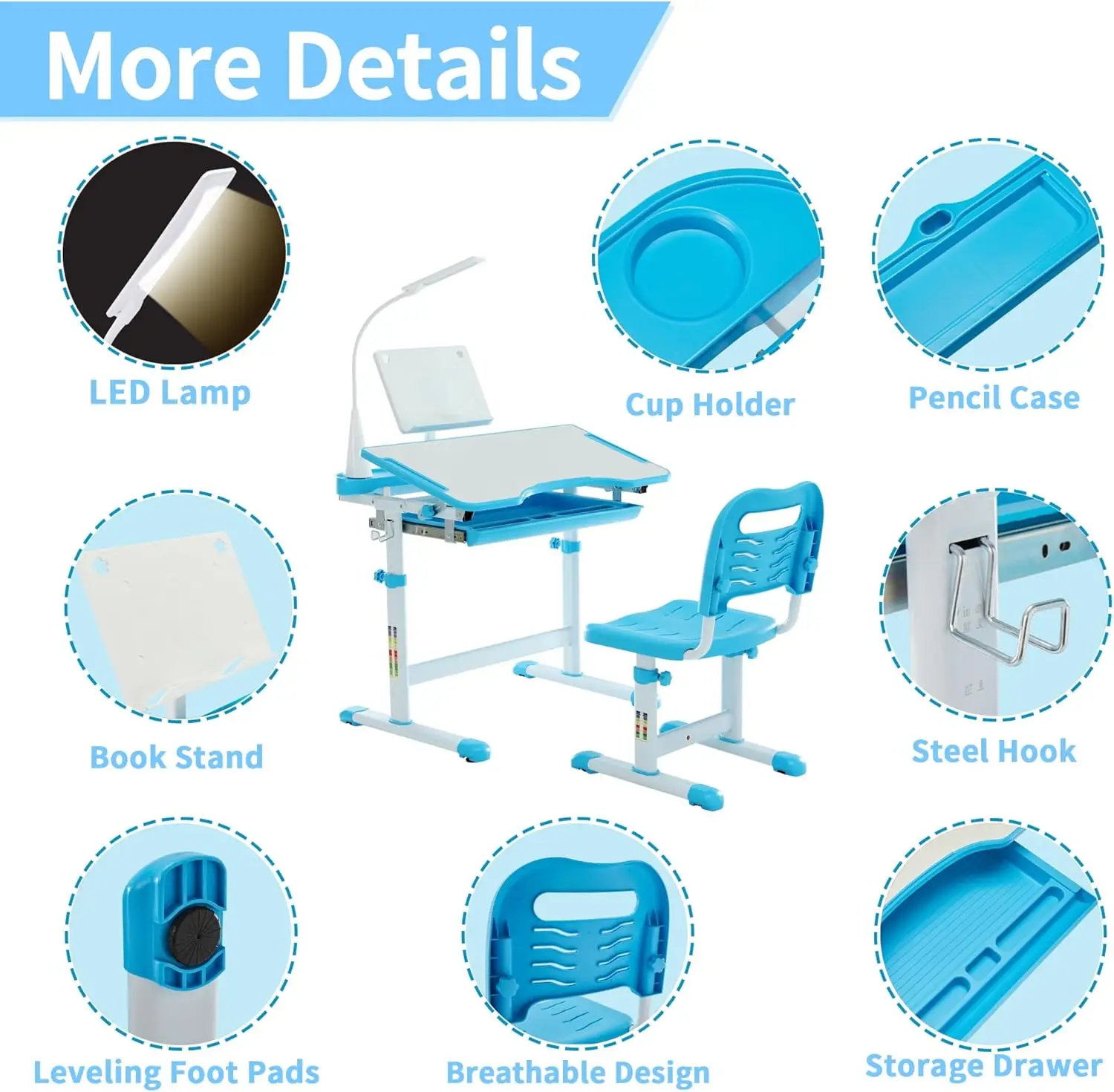 Kids Study Desk and Chair Set, Multi Functional Height Adjustable Children School Study Desk with Tilt Desktop, LED Light