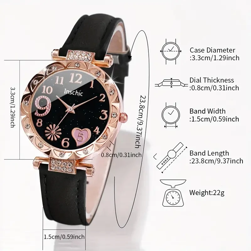 6 sztuk/zestaw zegarki damskie moda Rhinestone tarcza w kształcie serca skórzany pasek zegarek kwarcowy zestaw bransoletek w kształcie liści (bez pudełka)