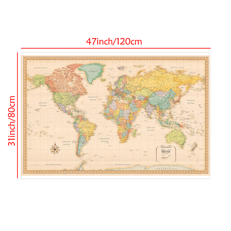 120x80cm World Map Classic Edition Non-woven Vinyl Spray Map Without National Flag Poster and Prints for Home Office Supplies