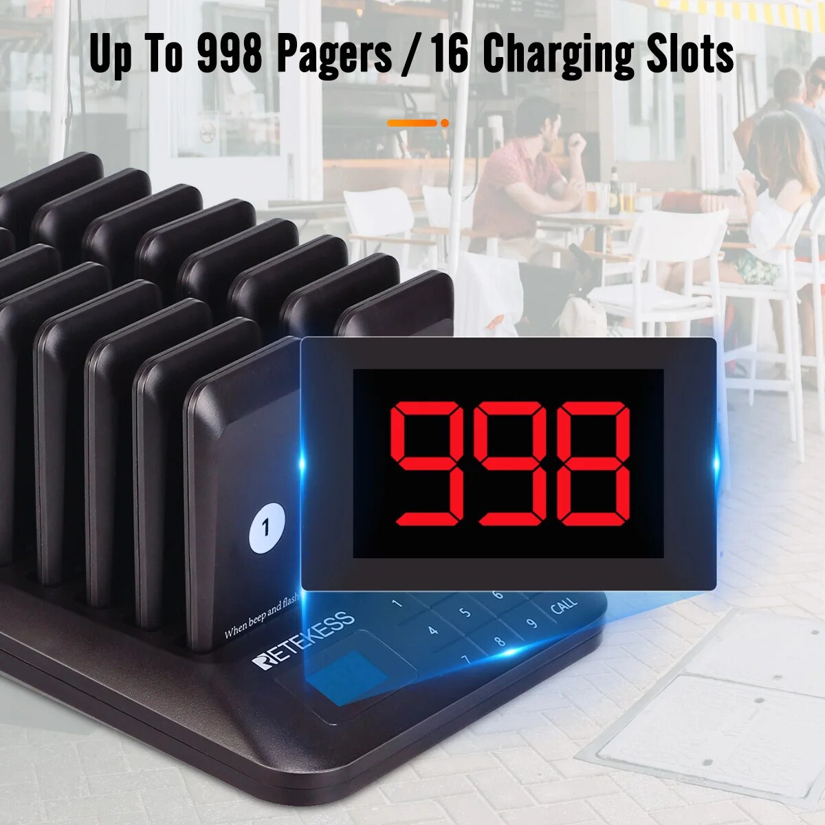 RETEKESS TD157 Pager, kabelloses Anrufsystem, 16 Untersetzer, Summer, Beeper, Glockenempfänger für Bar, Café, Imbisswagen, Hotel, Kirche