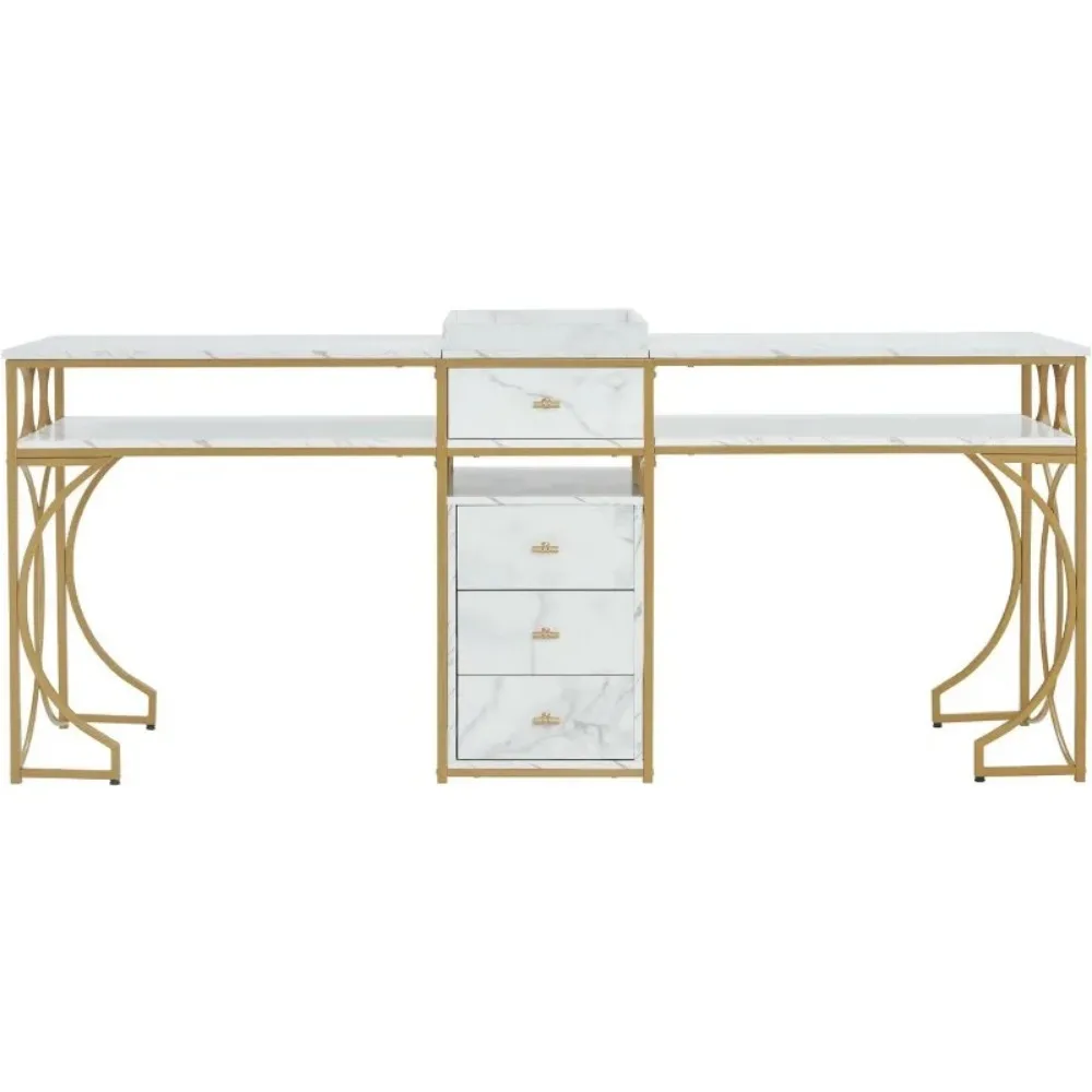Double Manicure Table for 2 Person, Nail Station Marbling Texture, Long Nail Desk with Storage Drawers, Double Nail Table