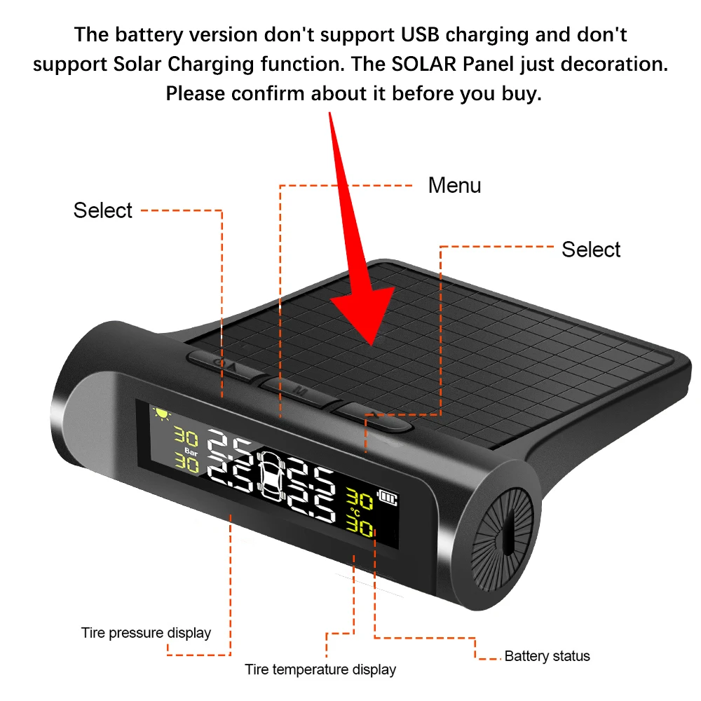 Sistema de supervisión de presión de neumáticos, advertencia de temperatura, nueva versión de batería externa C, sensores solares TPMS, Monitor de presión de neumáticos de coche