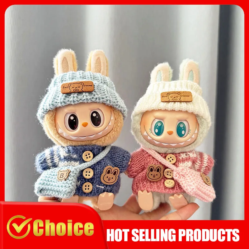 Labubu-muñecos de fiesta sentados, Mini juguete de peluche bonito con suéter de conejito de Pascua, traje de Labubu serie I II, ropa de muñeca coleccionable