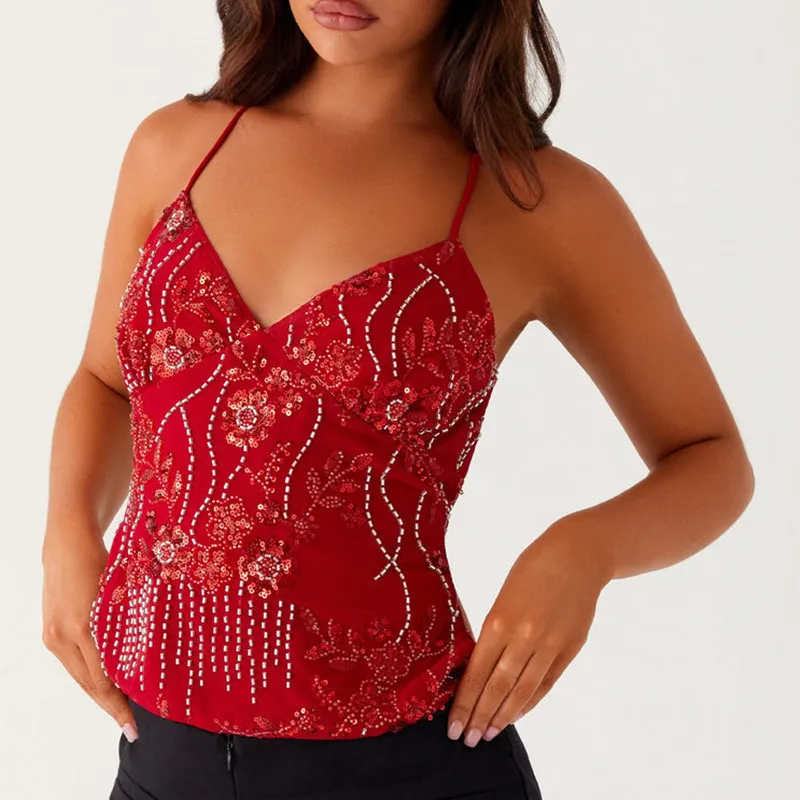 Verano Mujer Y2k lentejuelas Halter Crop Tops perla adornado Cami Tops verano brillo cuello en V Rhinestone camisola camiseta sin mangas