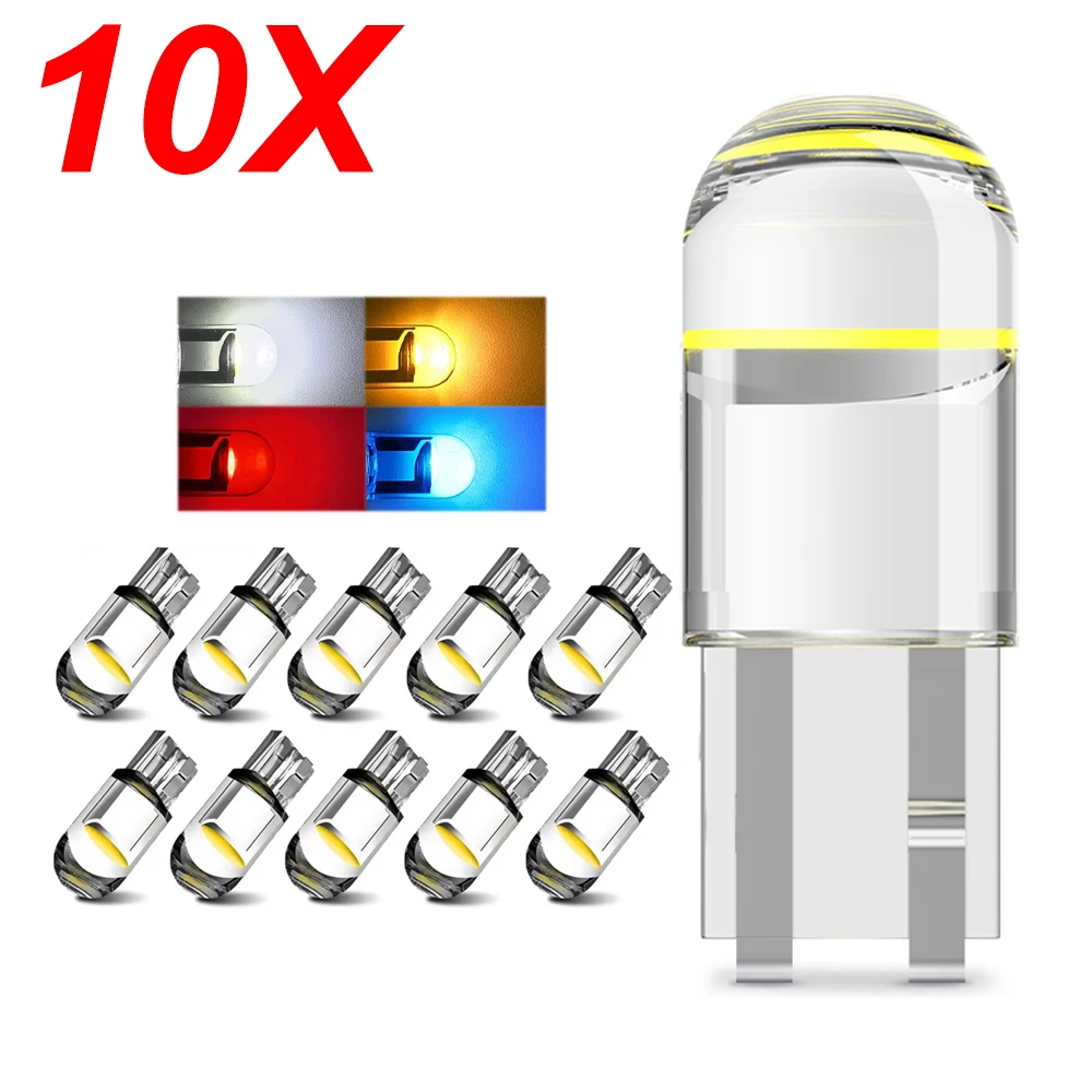 10 Uds coche LED T10 W5W Canbus COB 6000k lectura cúpula lámpara marcador cuña matrícula bombilla 168 194 192 DC 12V blanco azul rojo