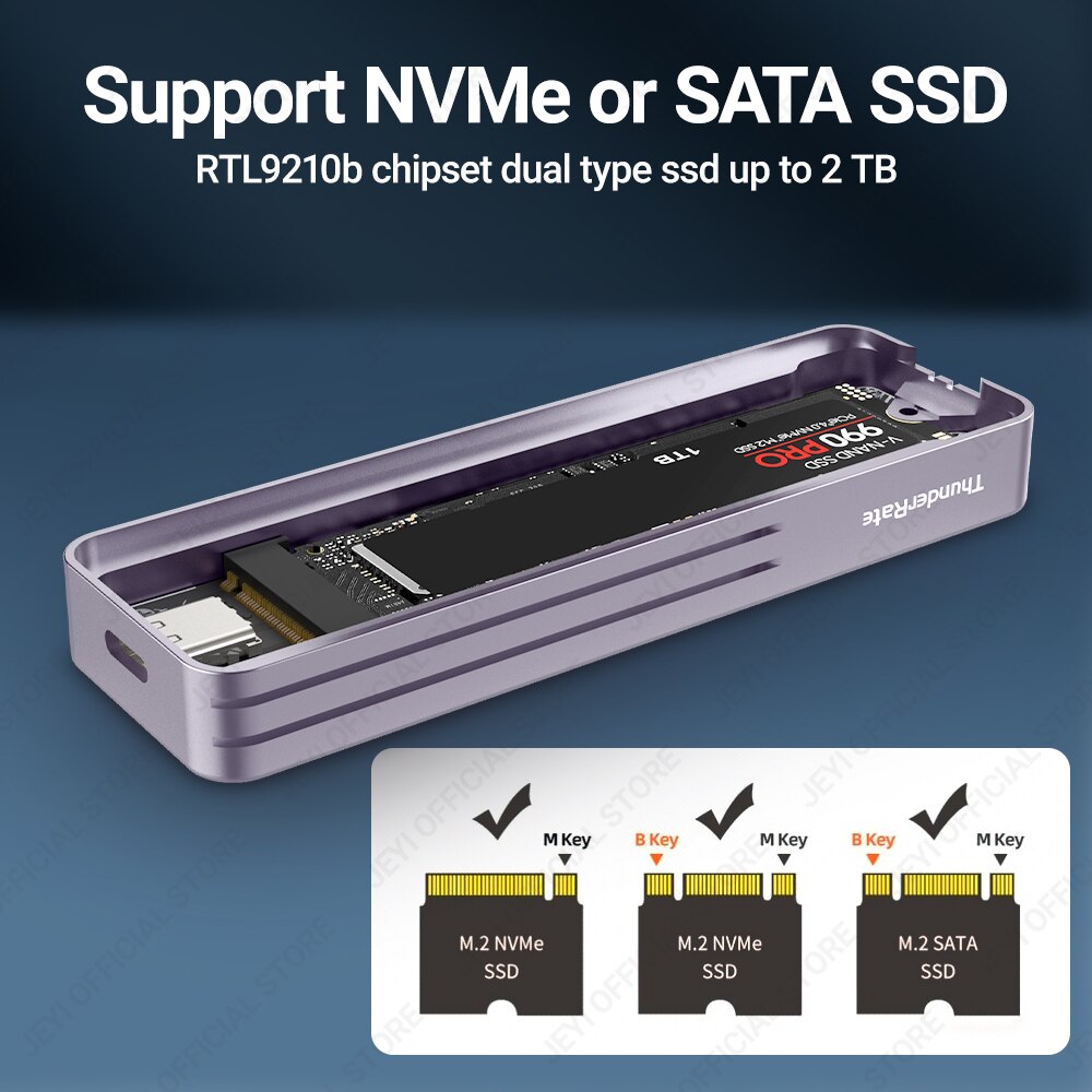 JEYI Visual Smart M.2 NVMe / SATA SSD Gabinete, USB 3.2 Gen 2 10 Gbps, Adaptador Externo M2 Suporte M-Key B + M Chave UASP Trim