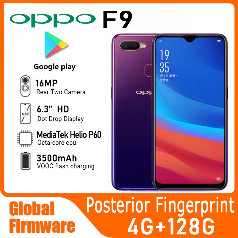 OPPO F9 Smartphone Firmware global 6,3 polegadas 4GB 128GB CPU de oito núcleos MediaTek Helio P60 versão Android 8.1 telefone usado
