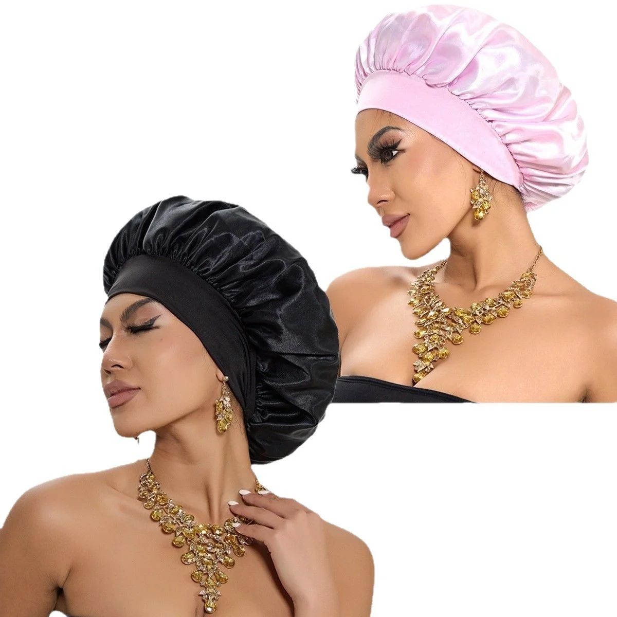 Cappello per capelli asciutti da donna con fascia alta elastica a tesa larga, cappello per la cura dei capelli di bellezza, berretto da notte in raso