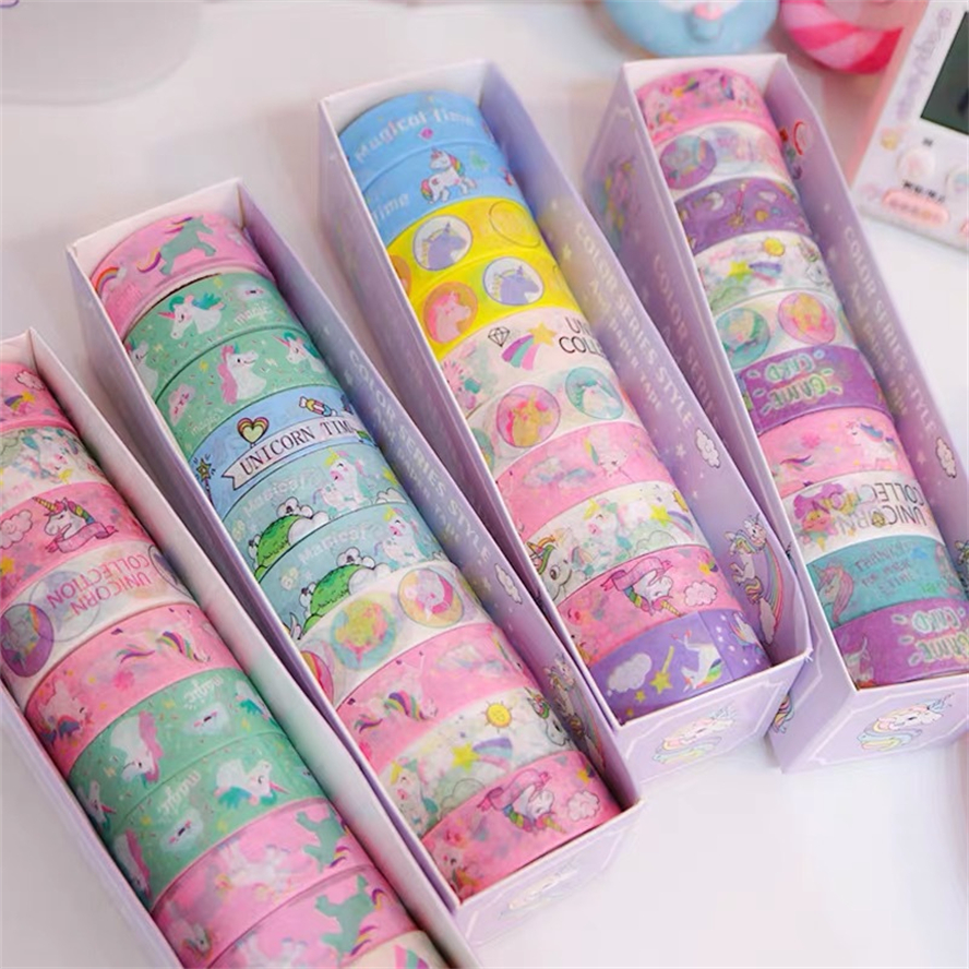 Washi เทปยูนิคอร์น 10 ชิ้น Cinta Washitape ชุดน่ารักเกาหลีเครื่องเขียน Kawaii Fita Adhesiva สติกเกอร์เทปกาว 3 เมตรตกแต่ง