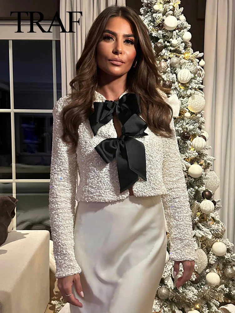 TRAF Women New Fashion Sexy High Street Bow Tie Long Sleeves Blouses Solid O-Neck Sequins Decorate Chic Tops 5 Color Mujer