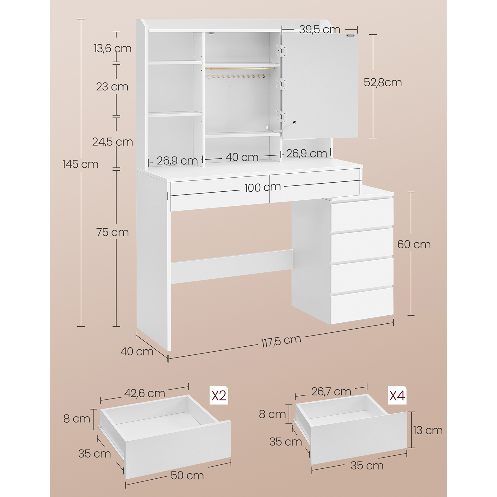 VASAGLE Makeup Vanity: Adjustable LED Lights, Mirror, Open Compartments, Shelves, Makeup Station in Cloud White