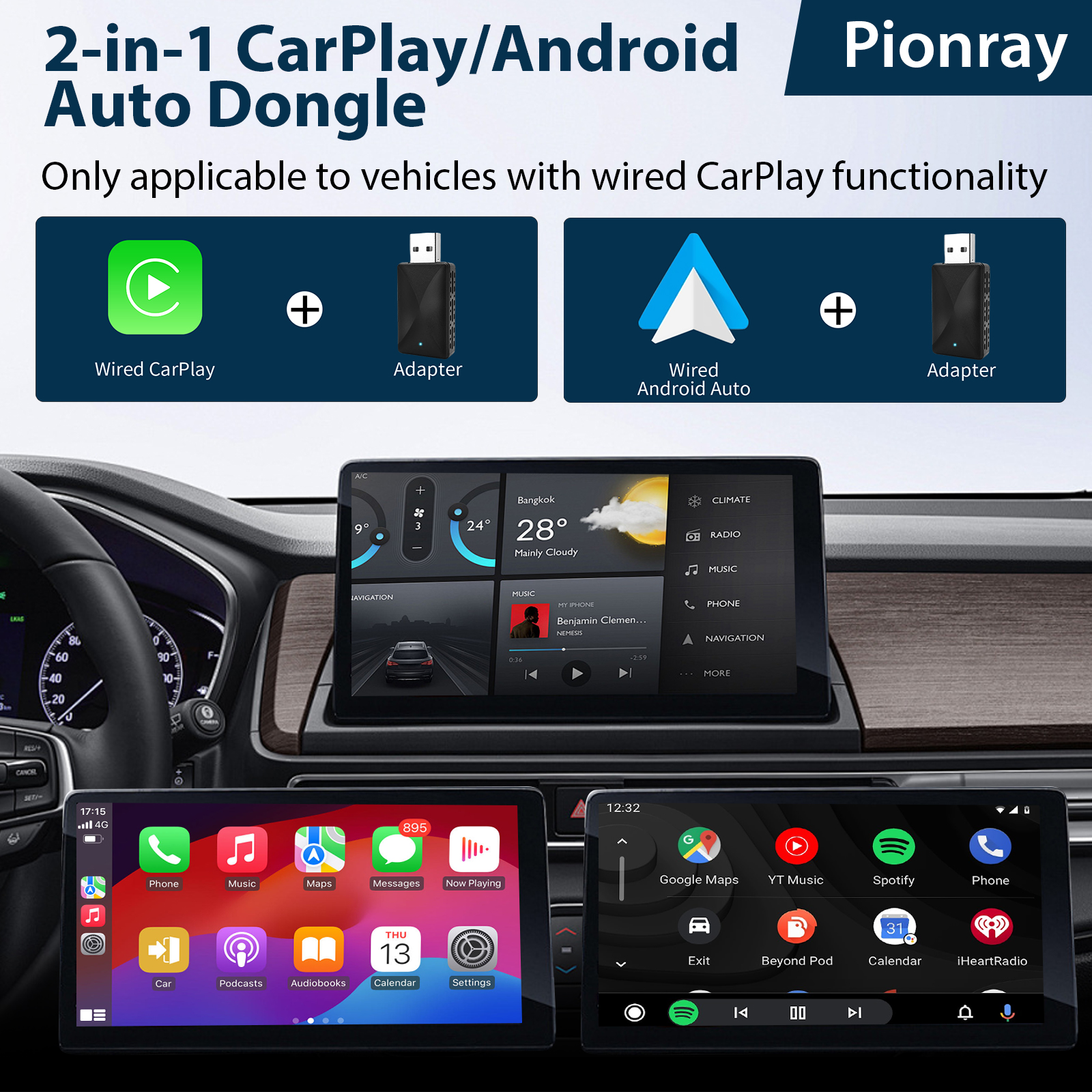 2 IN 1 Wireless Carplay Adapter, Converts Wired to Wireless carplay Adapter for iPhone, Wireless Control Plug & Play Carplay