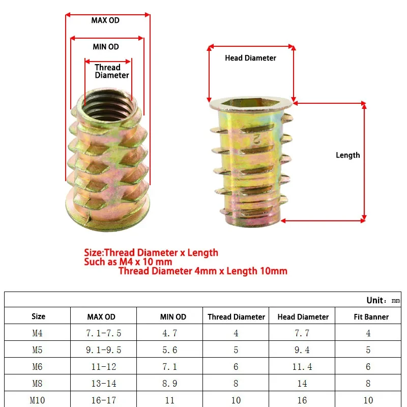 M4 M5 M6 M8 M10 Furniture Nut Zinc Alloy Hex Drive Insert Nuts T-Type Woodworking Wood Insertnut Table Desk Chair Bed Nutsert