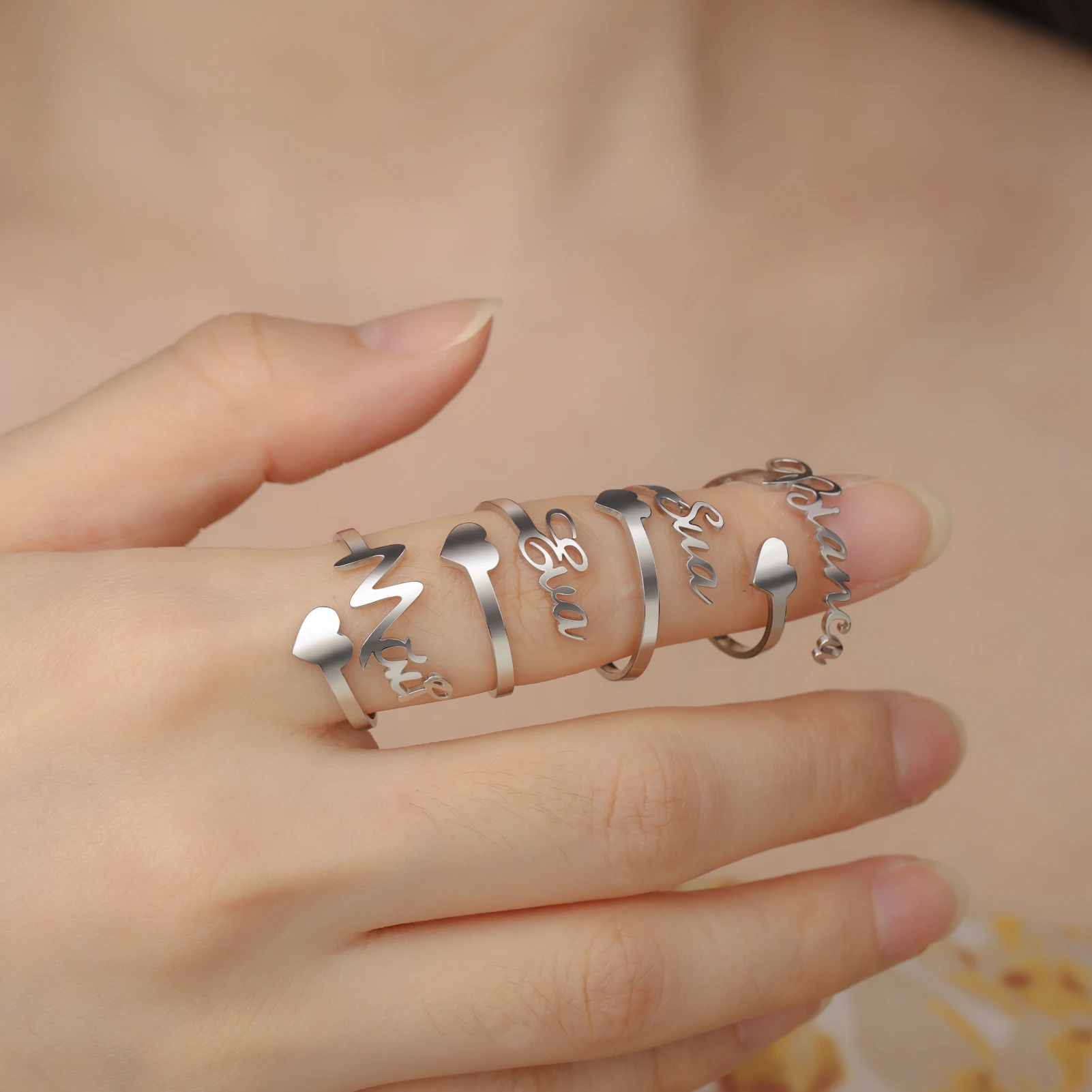 Fishhook แหวนใส่นิ้วชื่อคู่ที่กำหนดเองสำหรับผู้หญิงผู้ชายแหวนส่วนบุคคลของขวัญครอบครัวเครื่องประดับสแตนเลสสีทอง