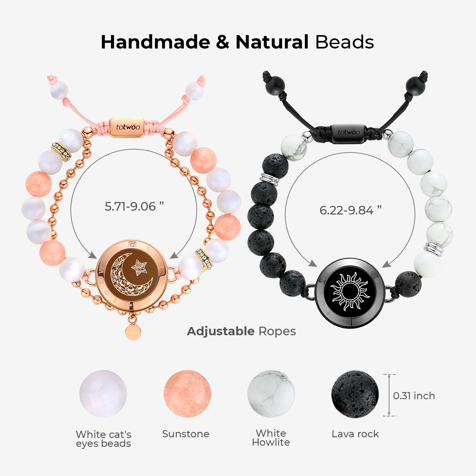TOTWOO Pulseiras de toque de longa distância para casais, presentes com vibração e iluminação para namorada, joias de emparelhamento Bluetooth