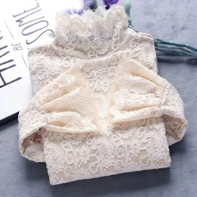 セクシーな透明長袖トップ女性 2025 ファッション秋冬基本レースブラウス白黒中空 Blusas Mujer 特大