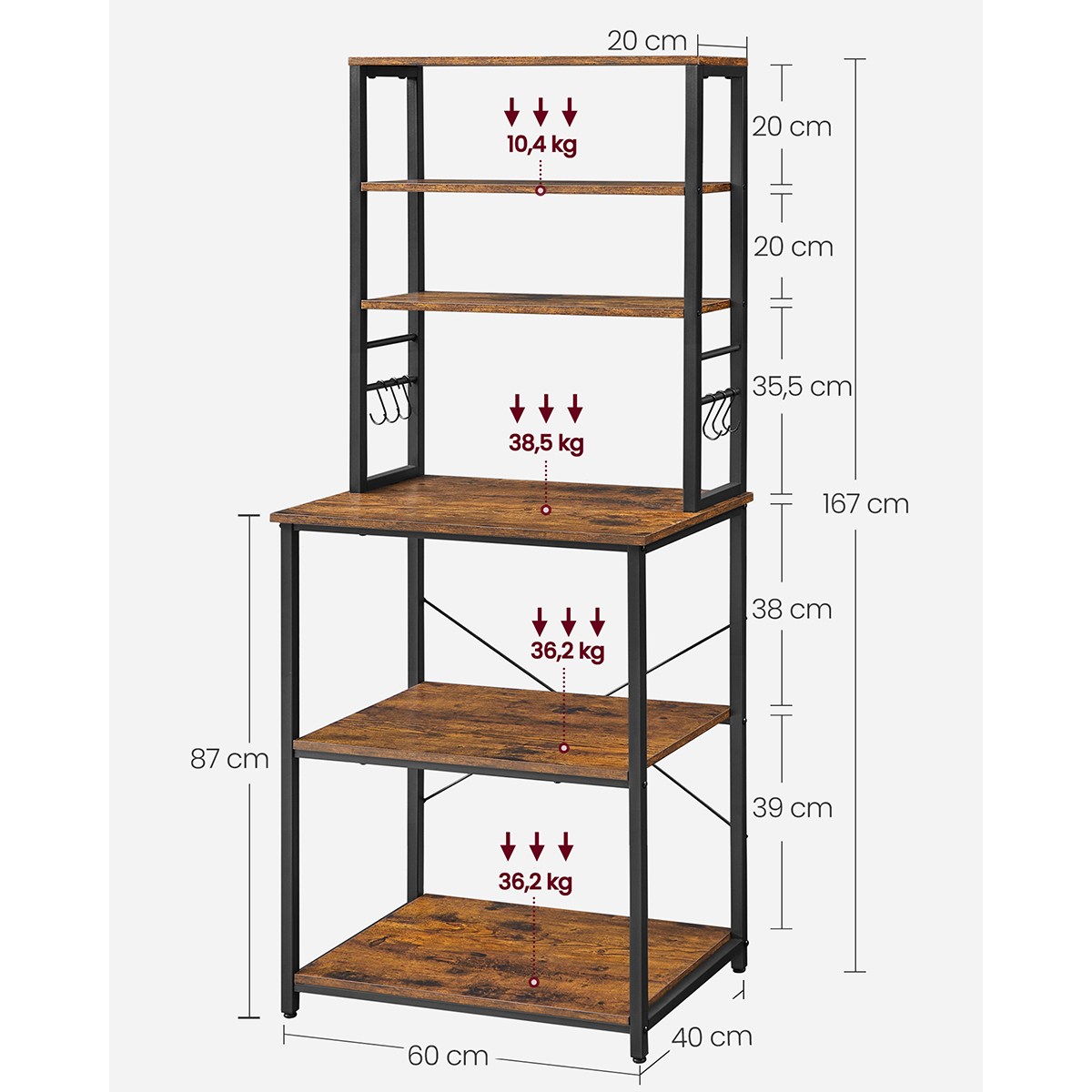 Étagère de Cuisine, 6 Étagères, 6 Crochets, pour Four à Micro-ondes, Cadre en Acier, Style Industriel, 40 x 60 x 167 cm