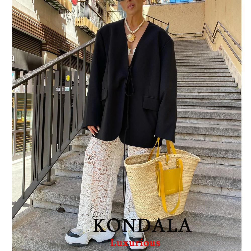 KONDALA Casual Übergroßen Schwarzen Blazer Frauen V-ausschnitt Fliege Taschen Lose Jacken Mode 2025, Herbst Streetwear Frauen Outwears