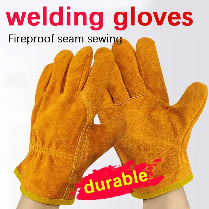 Guantes de soldadura eléctrica de piel de vaca, resistentes al calor, estilo corto para soldadores, antiescaldaduras, duraderos, suaves, equipo de protección para soldadura