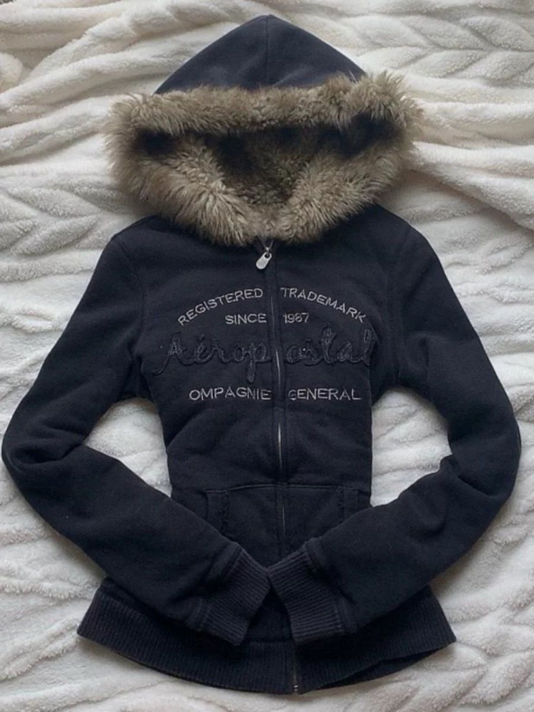 Vintage Brief Bontkraag Capuchon Herfst Winter Rits Y2K Retro Fleece Jas Harajuku Borduren Pluche Donkere Mode
