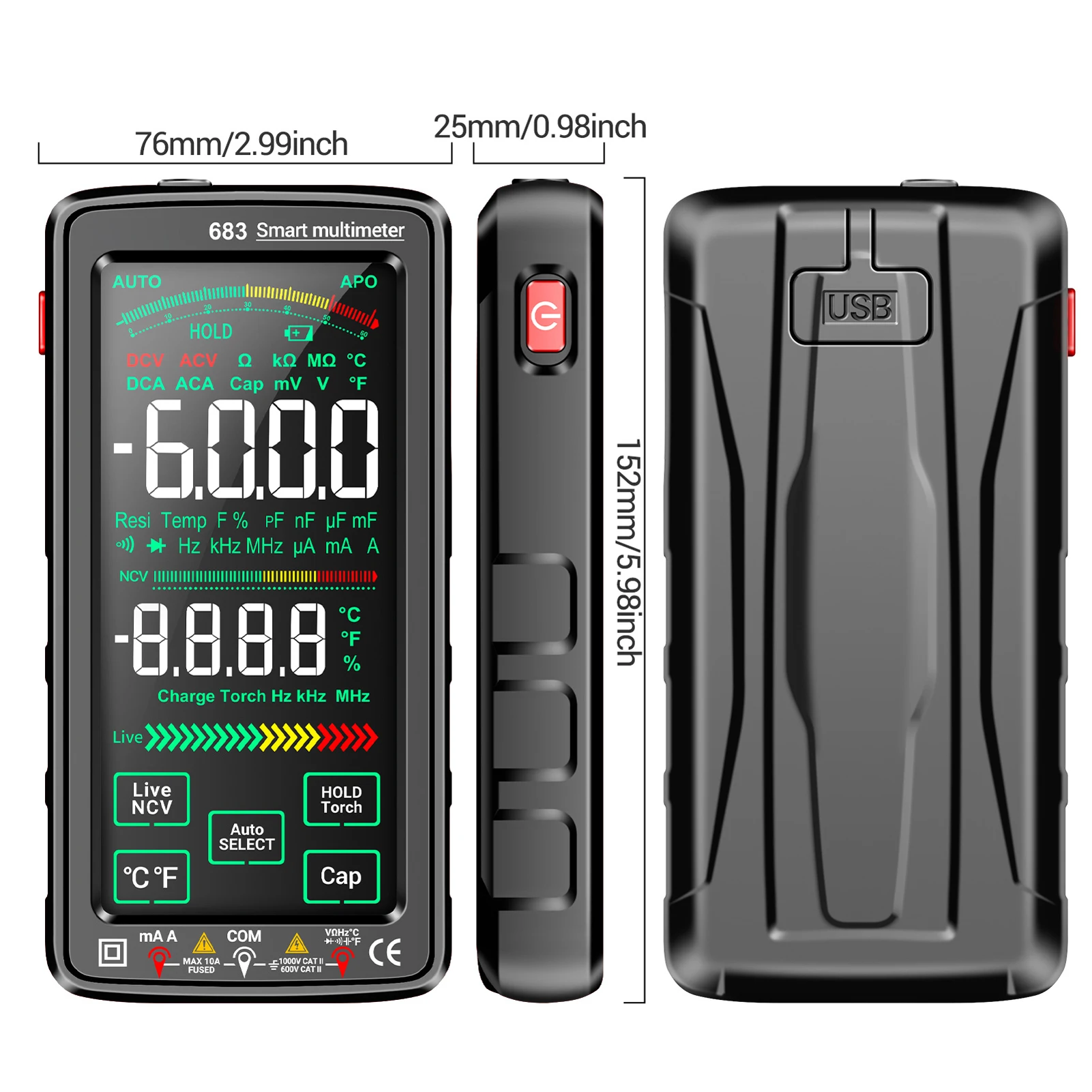 ANENG 683 Multimetro digitale touch screen grande da 6000 conteggi Misuratore universale ricaricabile anti-scottatura intelligente VA Display inverso NCV